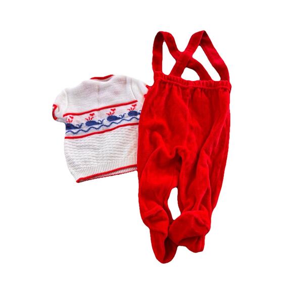 Vintage Baby Boy Outfit 0-6mo Nautical Sweater Overalls Whales 80's Red Acrylic - Picture 7 of 10